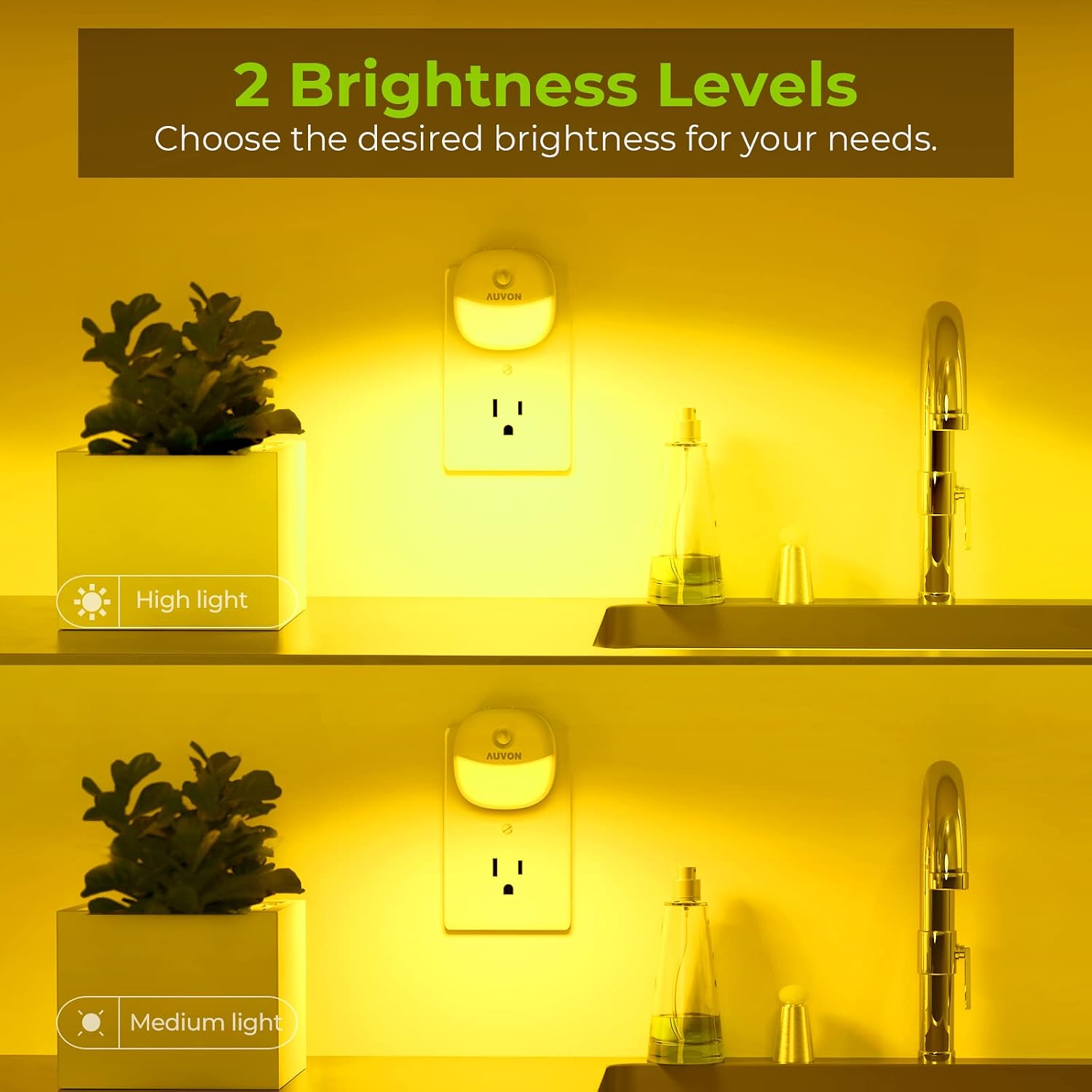 AUVON Plug-in LED Motion Sensor Night Light, Yellow LED Nightlight with Dusk to Dawn Motion Sensor, Adjustable Brightness for Bedroom, Bathroom, Kitchen, Hallway, Stairs (4 Pack)