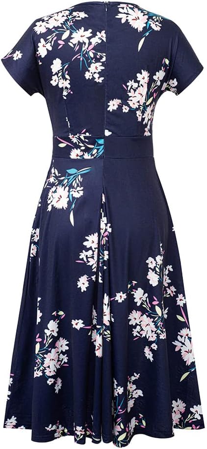 HOMEYEE Women's Vintage Short Sleeve Floral Casual Aline Midi Dress EA102 - Image 4