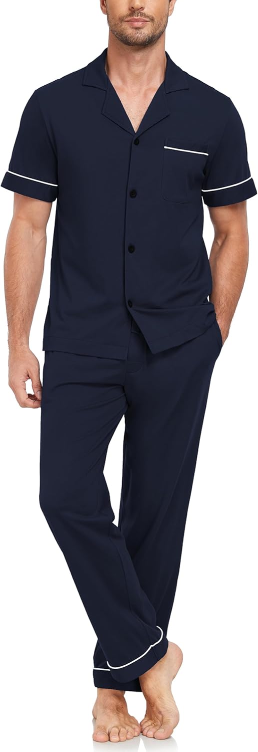 Mens 100% Cotton Pajamas Set Short Sleeve Loungewear with Long Pants Button Down Sl...