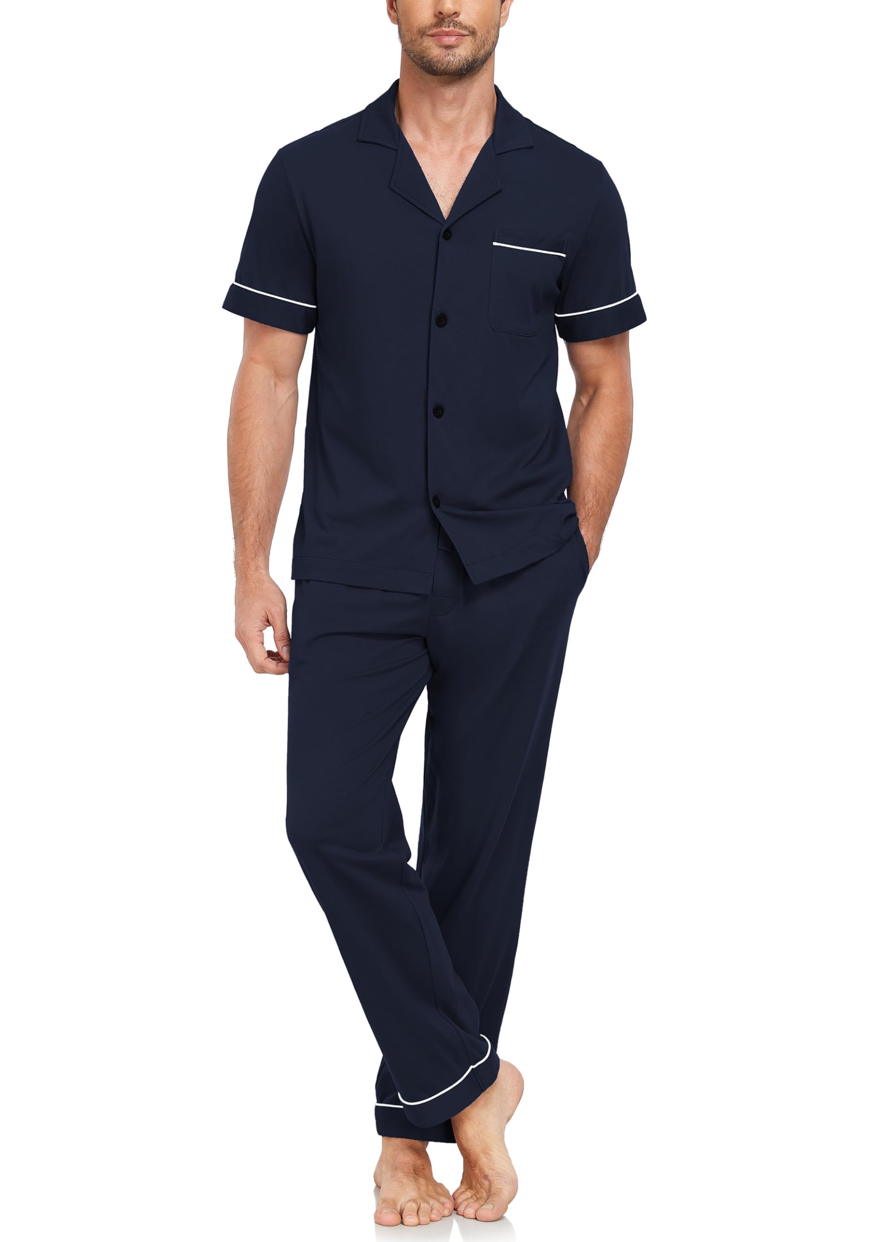EA'S SECRET 100% Baumwolle Herren Schlafanzug Set Kurzarm & Langhose Loungeset Knopfverschluss Pyjama mit Taschen S-XXL