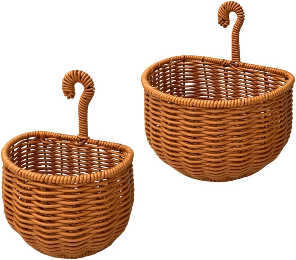 2-Pack Hand Woven Hanging Wall Storage Basket, Vintage Rattan Hanging Organizer Bin with Curved Hook, 2 Sizes Wall Mount Wicker Holder,Rustic Decor Basket for Kitchen Fruit, Bathroom Sundries, Balcony