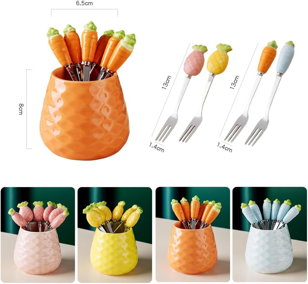 (6 Pieces) Ceramic Handle Stainless Steel Cake Fruit Fork Cute Fruit Pick Small Fork (Blue)