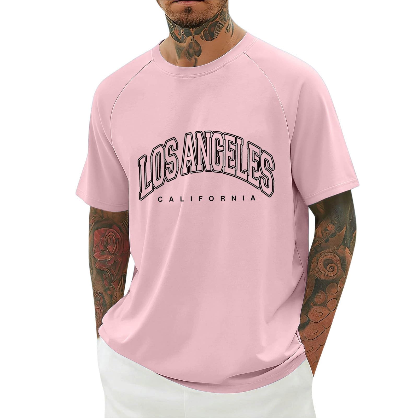 YOSUWOAI T-Shirts for Men, Los Angeles Print T-Shirt, Summer Short Sleeve Crew Neck Tops, Men's Casual Sports Shirt, Loose Tee Shirts, Streetwear, Comfortable, Breathable, Short Sleeve Shirt, O Rosa