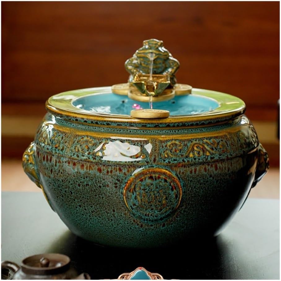 Tabletop Fountains, Ceramic Tabletop Relaxation Fountain with Flowing Water Wheel and Lucky Decor