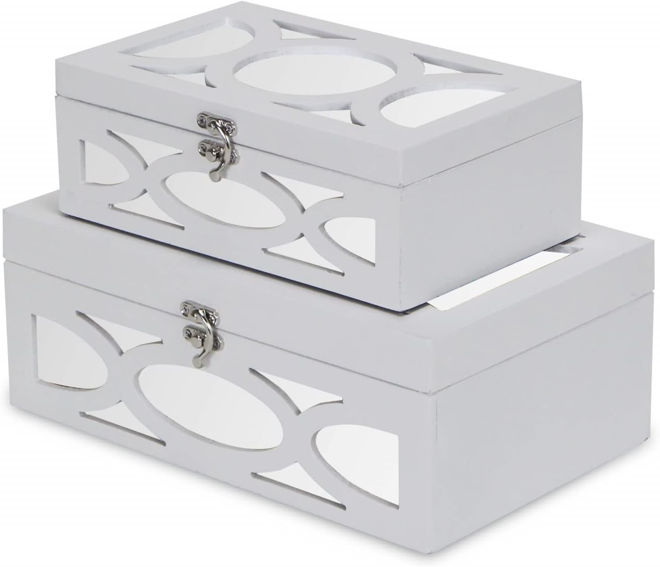 HomeRoots Set of Two White Mirrored Glass And Wood Box With Lid