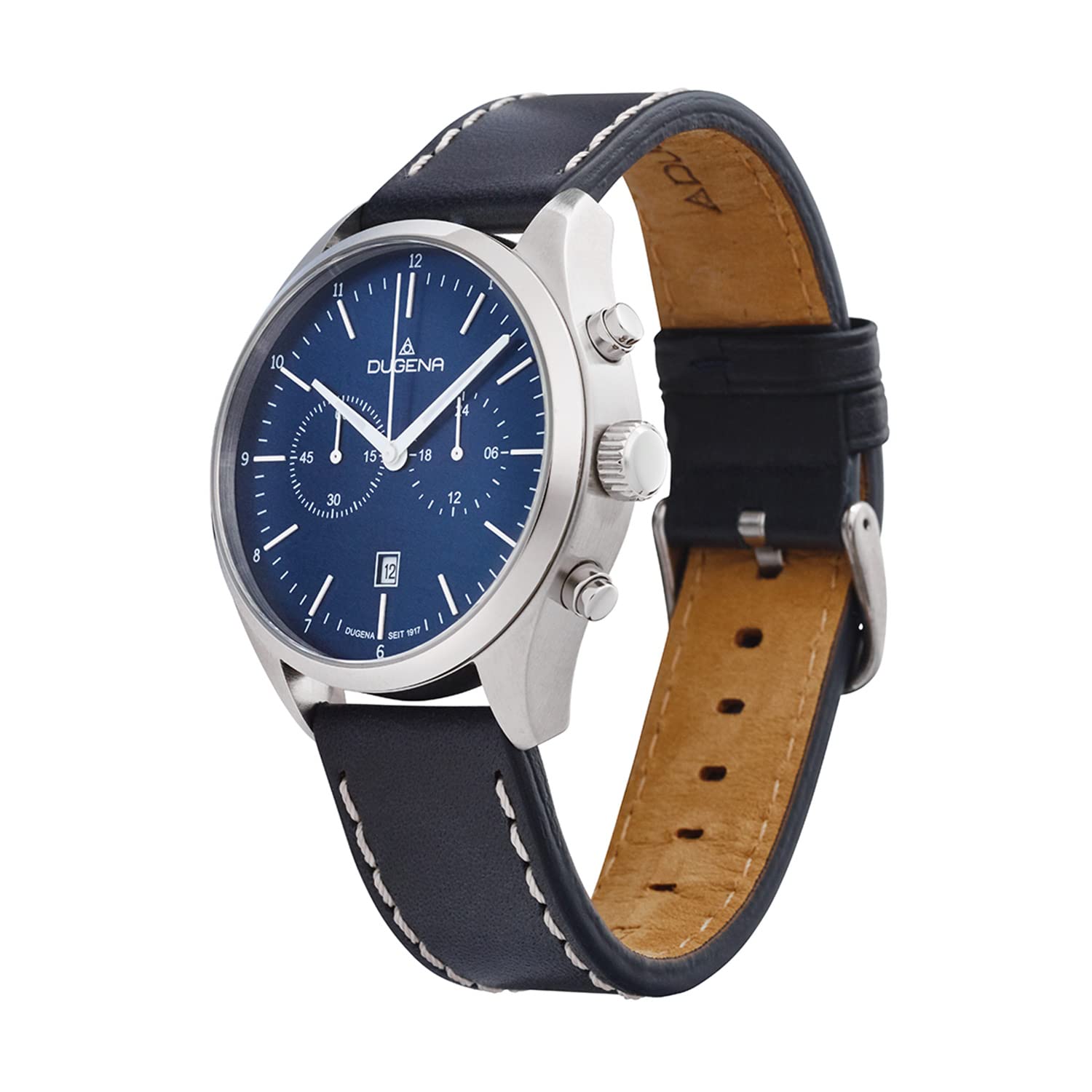 DUGENA Dakar Chrono, orologio da polso da uomo, al quarzo, cassa in acciaio inox, vetro zaffiro, cinturino in pelle, fibbia ad ardiglione, 10 bar, Quadrante blu scuro, cinghia