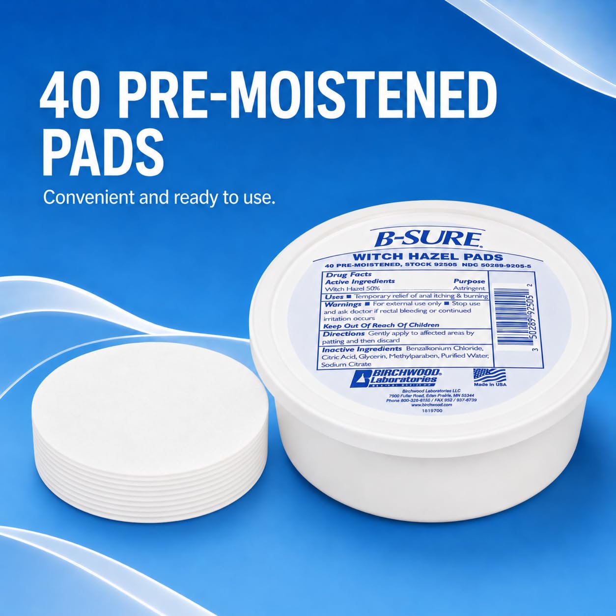 B-Sure Pre-Moistened Witch Hazel Pads, 40 Count