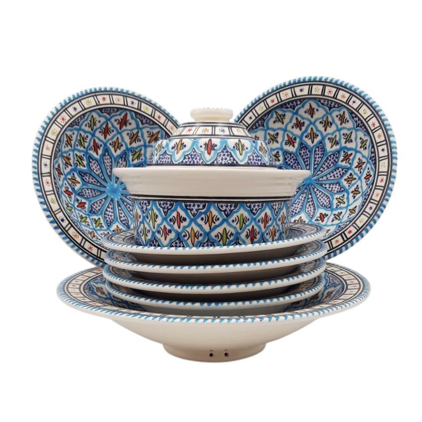 YODECO Couscous Teller-Set für 6 Personen, Keramik, türkis, 50 x 50 x 30 cm, 8