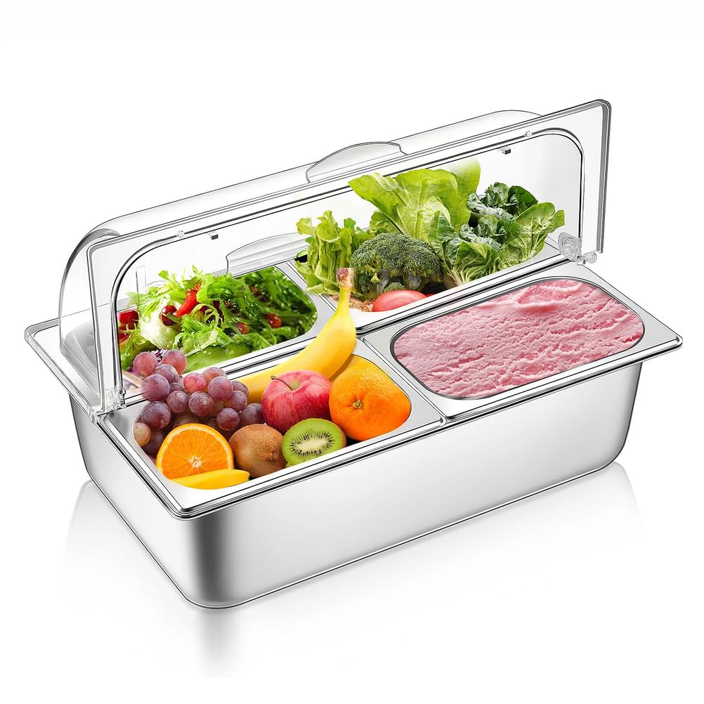 Contenedor expositor de hielo para mostrador, de acero inoxidable Dispensador de condimentos refrigerado con tapa enrollable transparente para buffets, restaurantes y hoteles