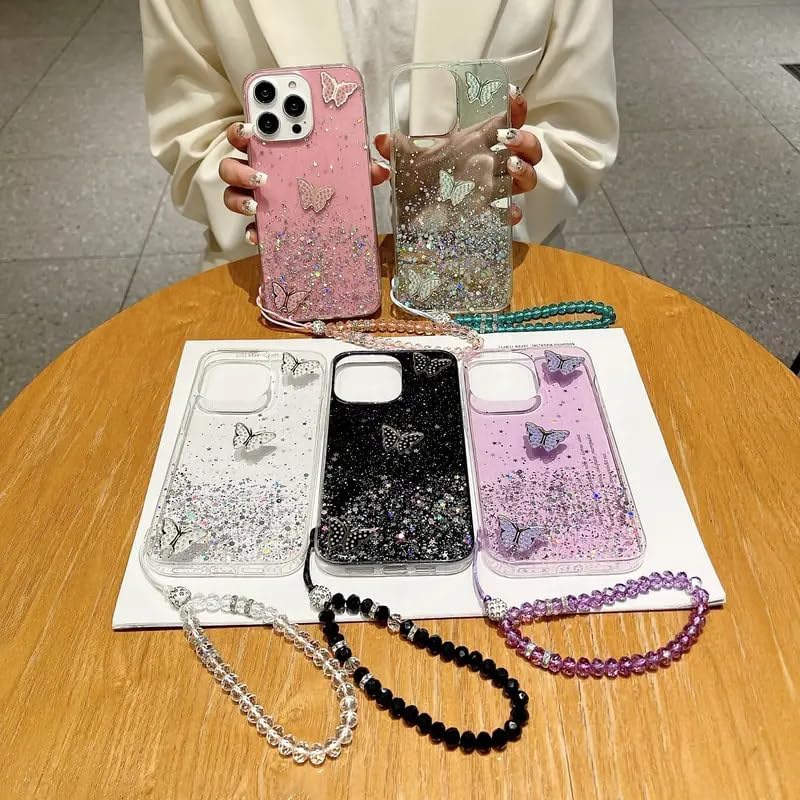 for iPhone 16e (2025) Bling Case with Lanyard, Shockproof Cute 3D Butterfly Glitter Soft TPU Woman Girly Sparkle Shiny Phone Cover with Crystal Wrist Strap for (Clear) - Image 4