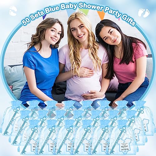 Geyoga 50 Sets Baby Shower Party Favors 50 Fancy Key Shape Pens It's a Girl/ Boy Key Gel Ink Pens 50 Thank You Cards Small Gift Cards 50 Organza Bags for Guests Gender Reveal Party Favors(Blue,Boy) — view 6
