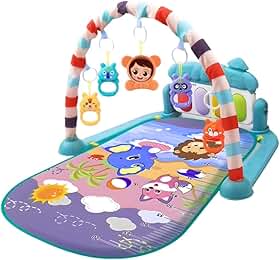 Tapete Ginásio de Atividades para Bebê com Piano Musical e 5 Brinquedos Pendentes – Arco Colorido, Estímulo Sensorial, Acolchoado e Fácil de Limpar (1 a 18 Meses)