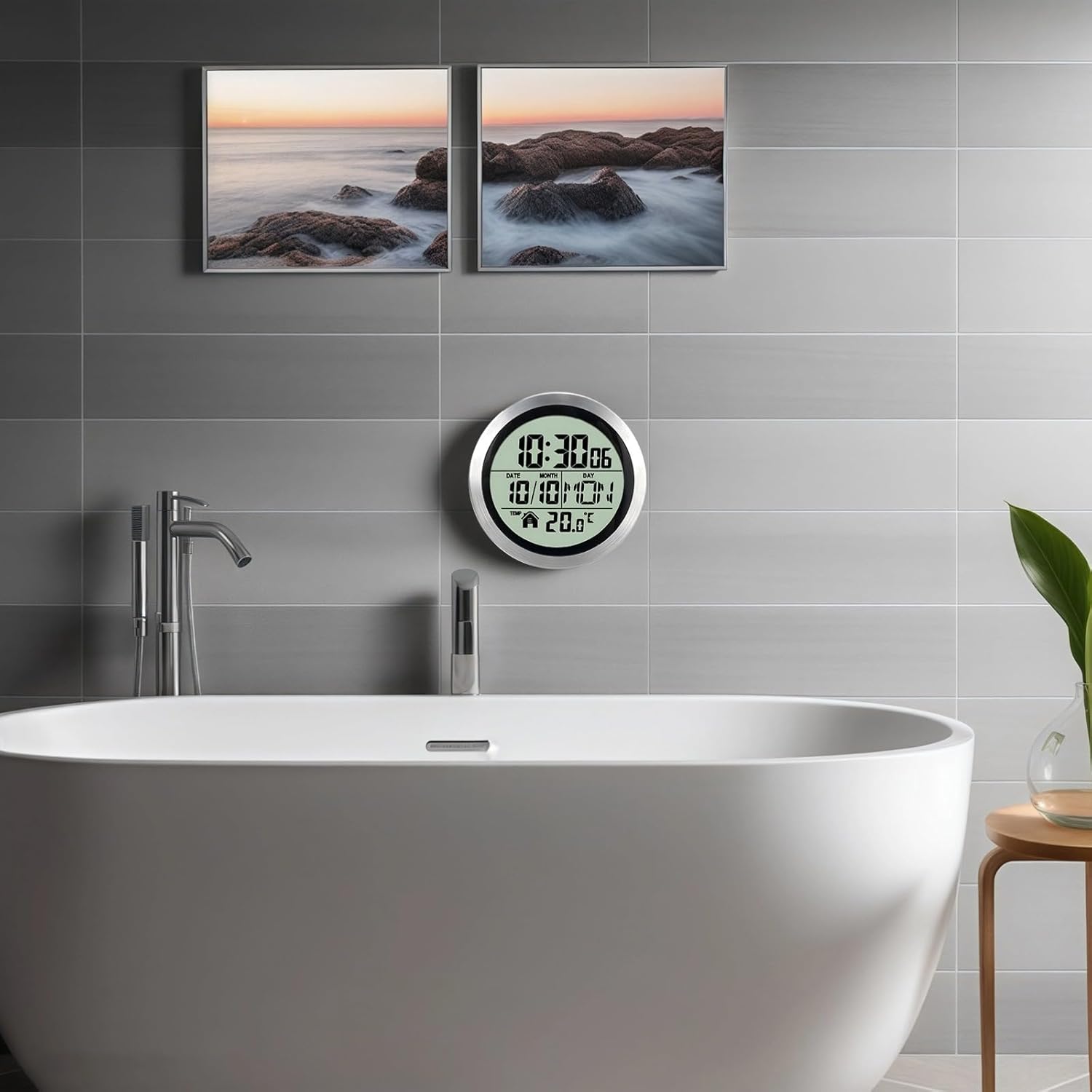 Waterproof Non-Ticking Shower Clock, Time, Date, And Temperature Display With Silent Operation, Aluminum Frame, Ideal For Wet Areas