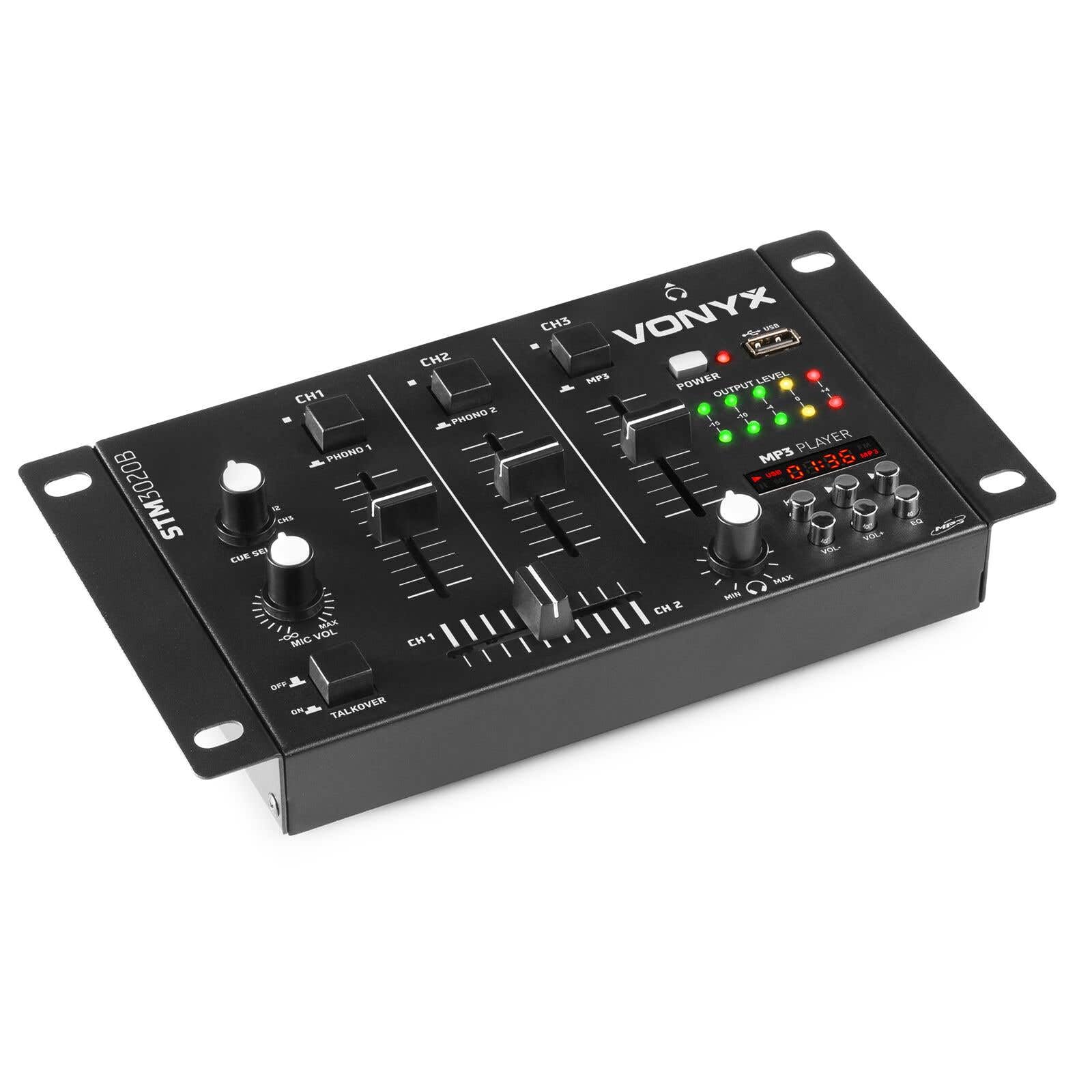 Mezclador SkyTec STM-3020 de 3 canales con reproductor MP3 USB, salida de auriculares con control de volumen, 2 entradas para micrófono, 3 canales con entrada line/phono, función talk over, negro