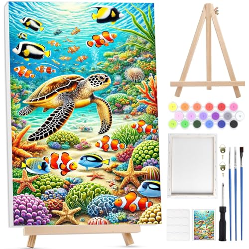 Bowetile Océan Peinture par Numéros pour Adultes Avec Cadre,Kit Paysage Peinture Numero pour Adultes Débutants Kit Toile avec Chevalet en Bois, DIY Peinture...