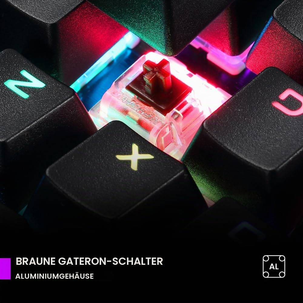 PREYON Long Claw Brown Gamingtastatur mit Geflochtenem Kabel - Beleuchtete Mechanische Tastatur mit Lautstärkeregler und Magnetischer Handballenauflage -Schalter Gateron Brown