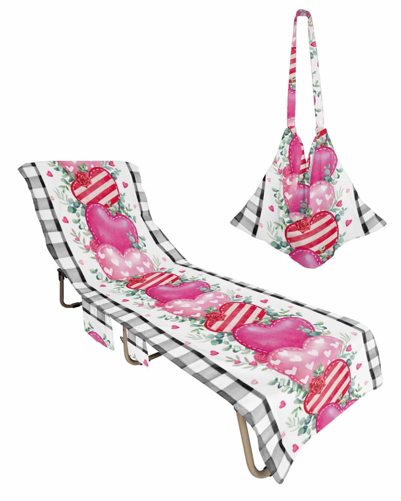 Valentines Beach Lounge Chair Towel Cover, Soft Chaise Lounge Towel with Side Pockets Patio Pool Chairs Cover for Beach/Pool Sunbathing 29x85 Black Plaid Pink Red Love Heart Eucalyptus Leaves