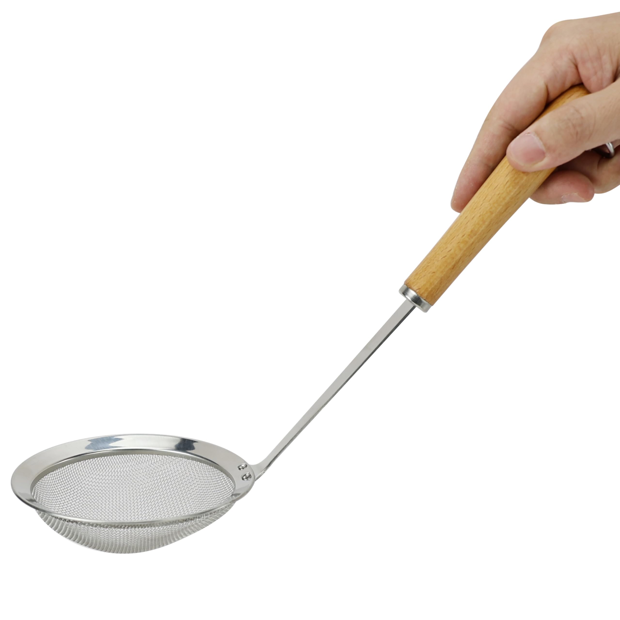 EIKS 2 Pack Stainless Steel Skimmer Spoon with Fine Mesh, Wooden Handle and Cleaning Brushes for Filtering Grease Gravy Foam and Straining Food