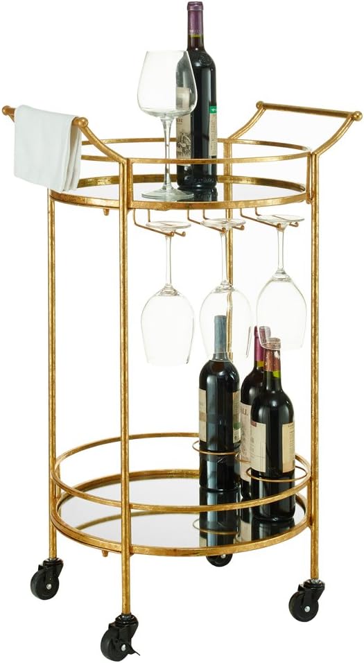 Gold Serving Bar Cart Table Wine Rack Console Round Mirror Back Black