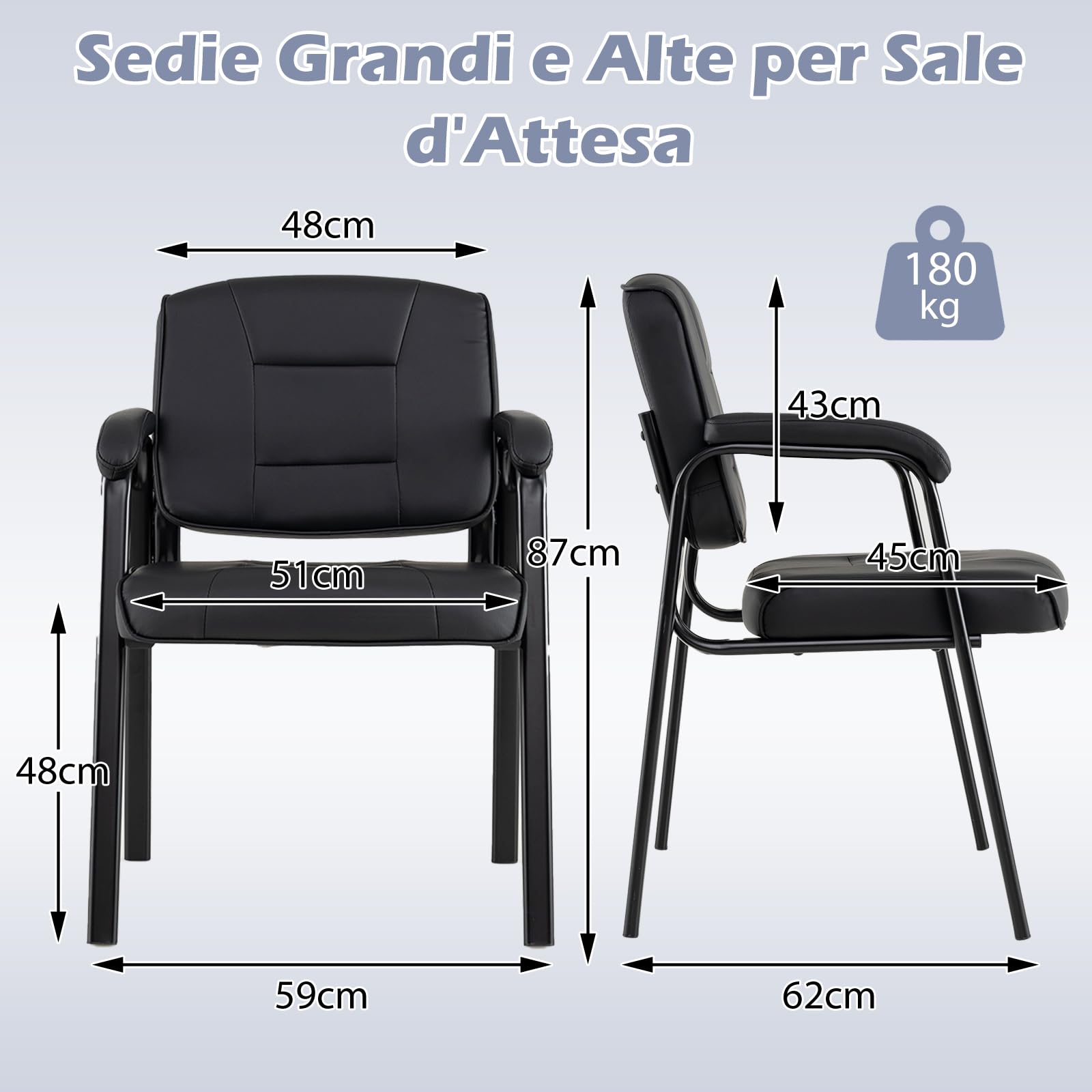 COSTWAY Set di 2 Sedie da Ufficio, Sedia per Sala d'Attesa con Struttura in Metallo, Braccioli Imbottiti, Sedia da Ospiti per Ufficio Riunioni, Portata 180kg (Nero)