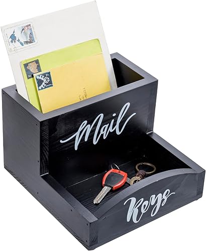 Miniatura 1 de MyGift Urban Modern - Soporte para correo y bandeja organizadora de llaves en acabado de madera maciza teñida de negro, almacenamiento de entrada