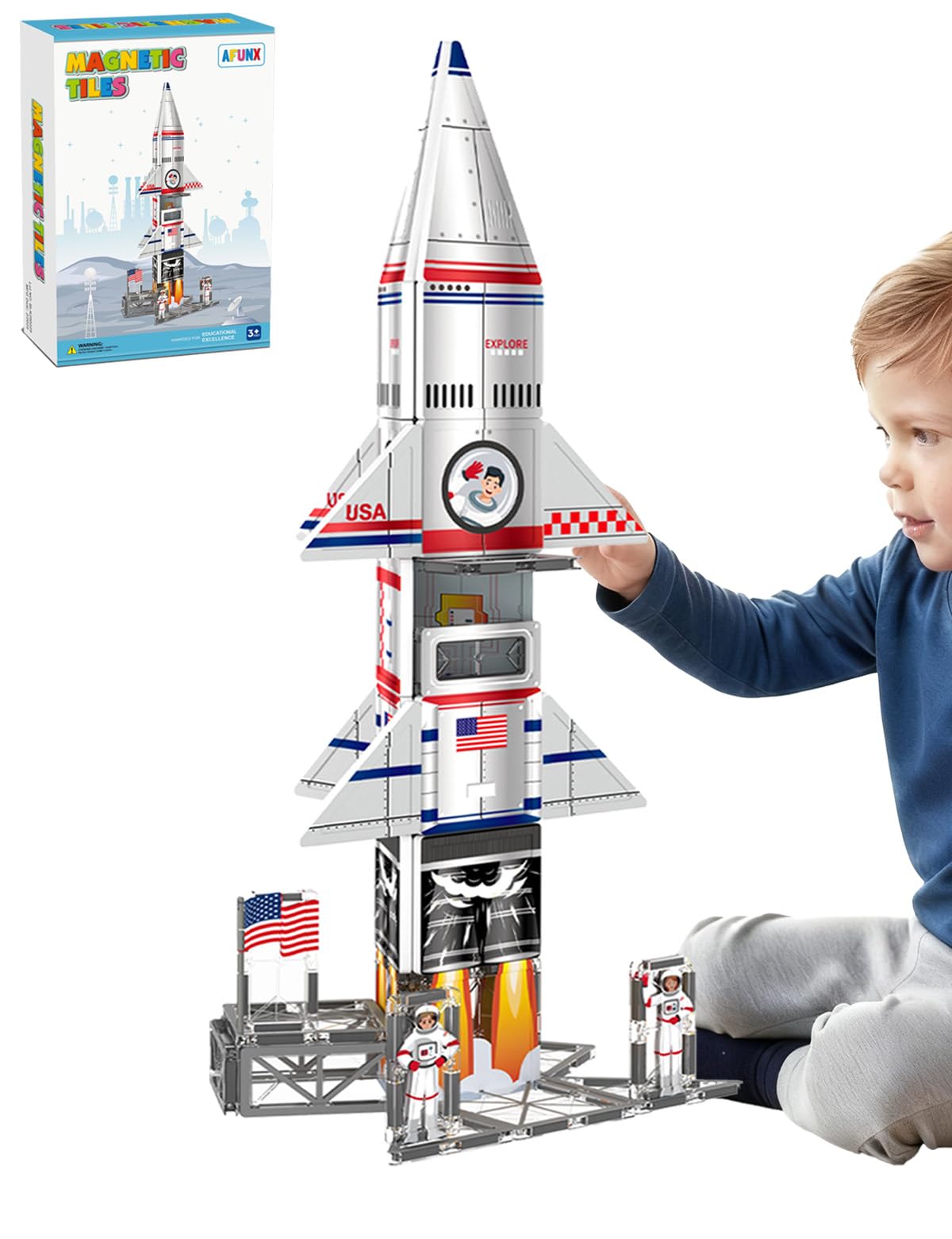 Space Rocket Magnetic Tiles, Building Blocks STEM Toy for Kids 3+