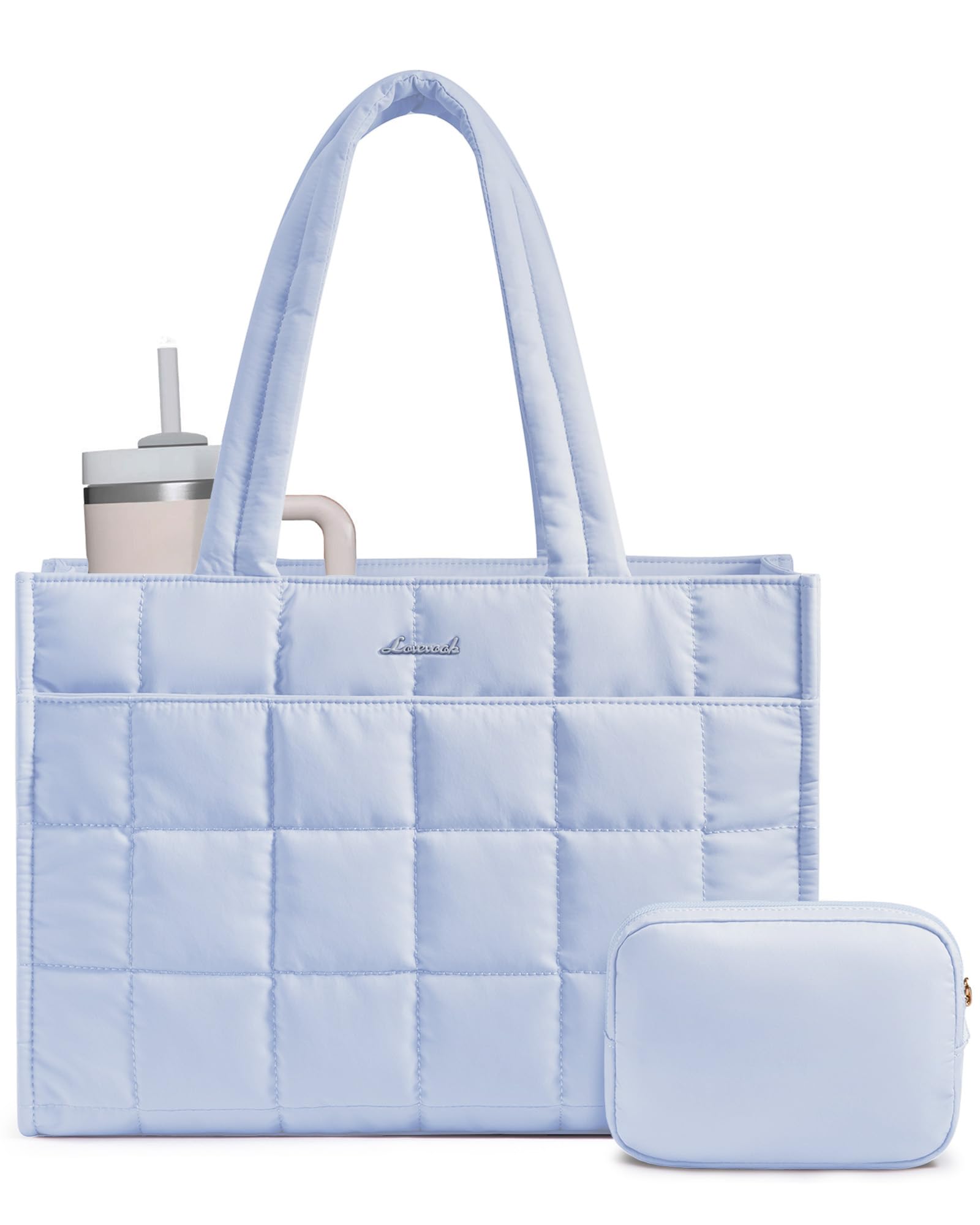 LOVEVOOK Tote Bag for Women, Puffer Work Handbag 15.6 Inch Laptop Purse for Nurse Teacher, Large Quilted Travel Tote Shoulder Bag with Zipper for College Office Clinical Gym, Sky Blue