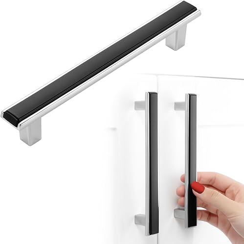 BEROSSA Paquete de 5 manijas de gabinete de 5 pulgadas, manijas de gabinete de 2 tonos negro y cromado, manijas para muebles de cocina, herrajes
