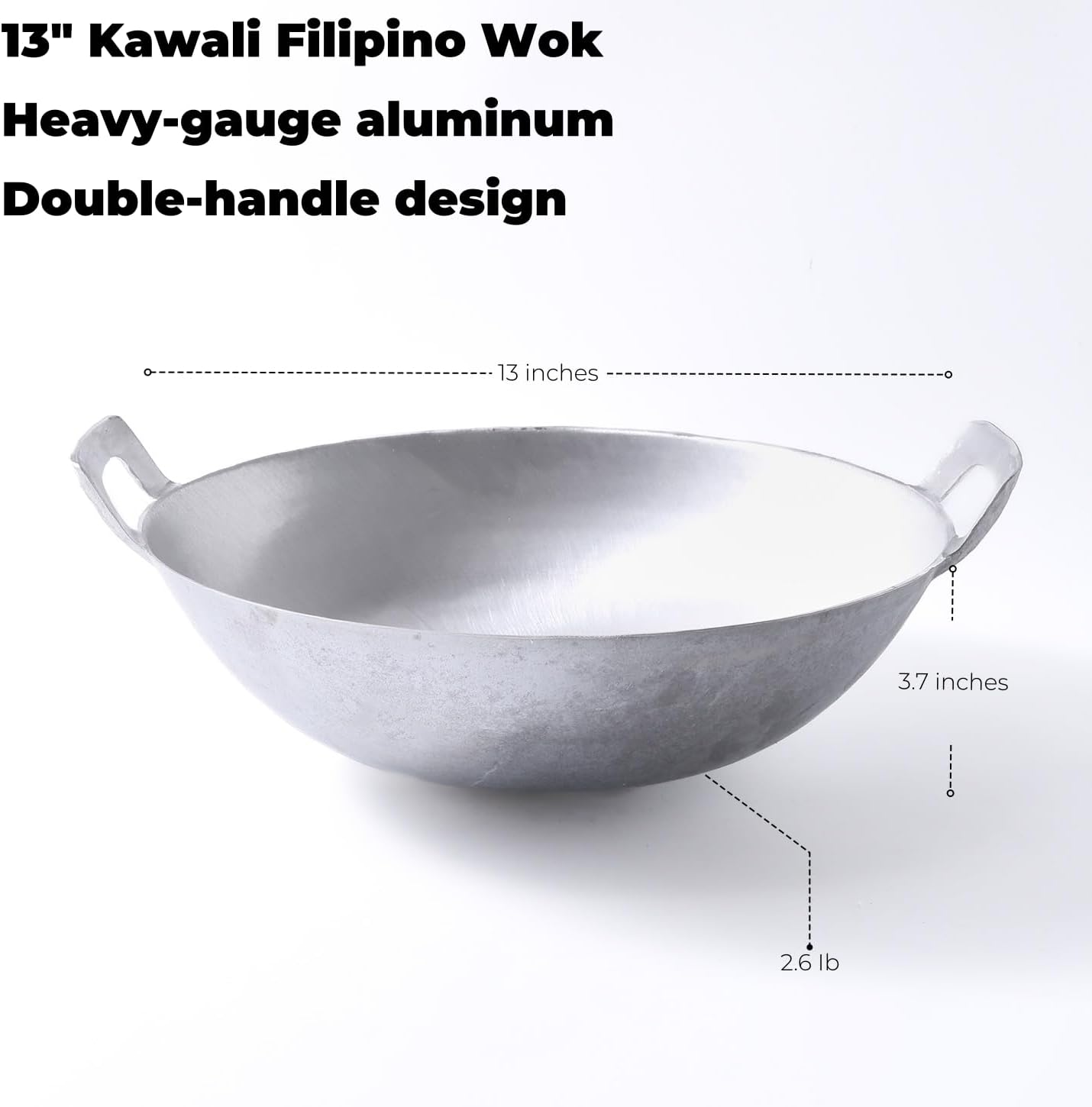 Kawali Filipino Wok - 13 Inch Aluminum Double-Handle Deep Round-Bottom Pan for Pancit, Stir-Fry & Shallow Frying – Traditional Filipino Cookware, Gas & Outdoor Burner Friendly
