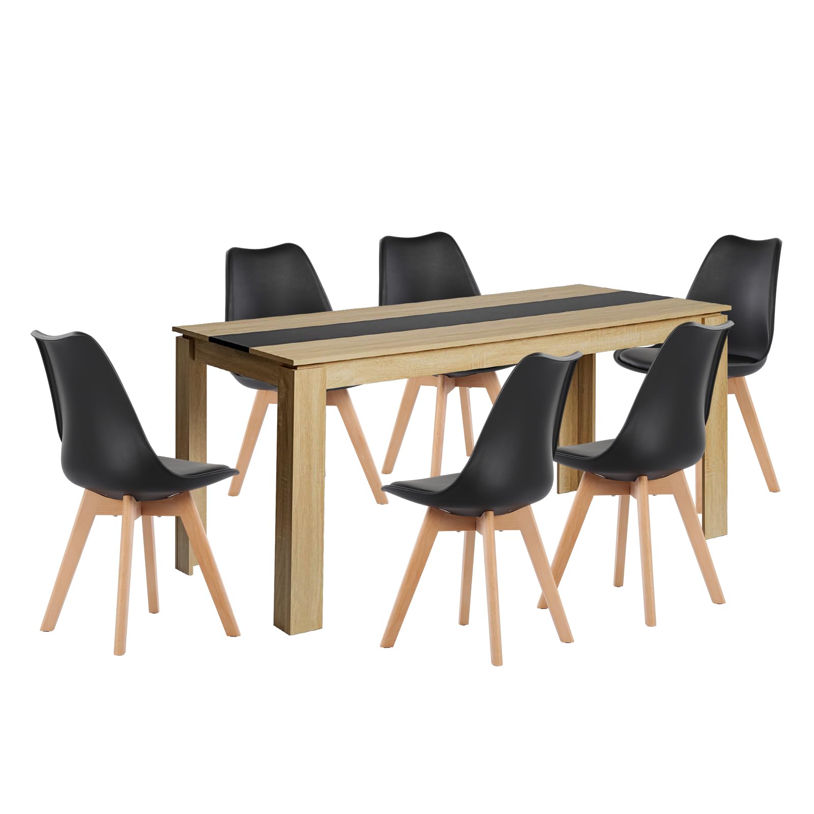 Ensemble de salle à manger rectangulaire en chêne - Table de 160 cm + 6 chaises noires ergonomiques