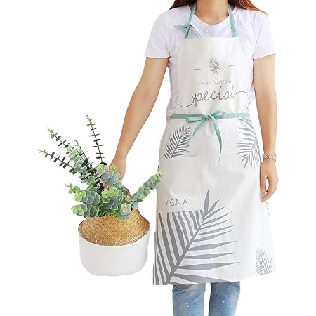 Amazon エプロン おしゃれ 北欧 シンプル 首掛け ポケット付き コットン リネン 綿 お洒落な木の葉 家庭用 仕事用 カフェエプロン 料理 キッチン シワになりにくい 細い木の葉 ホワイト エプロン オンライン通販