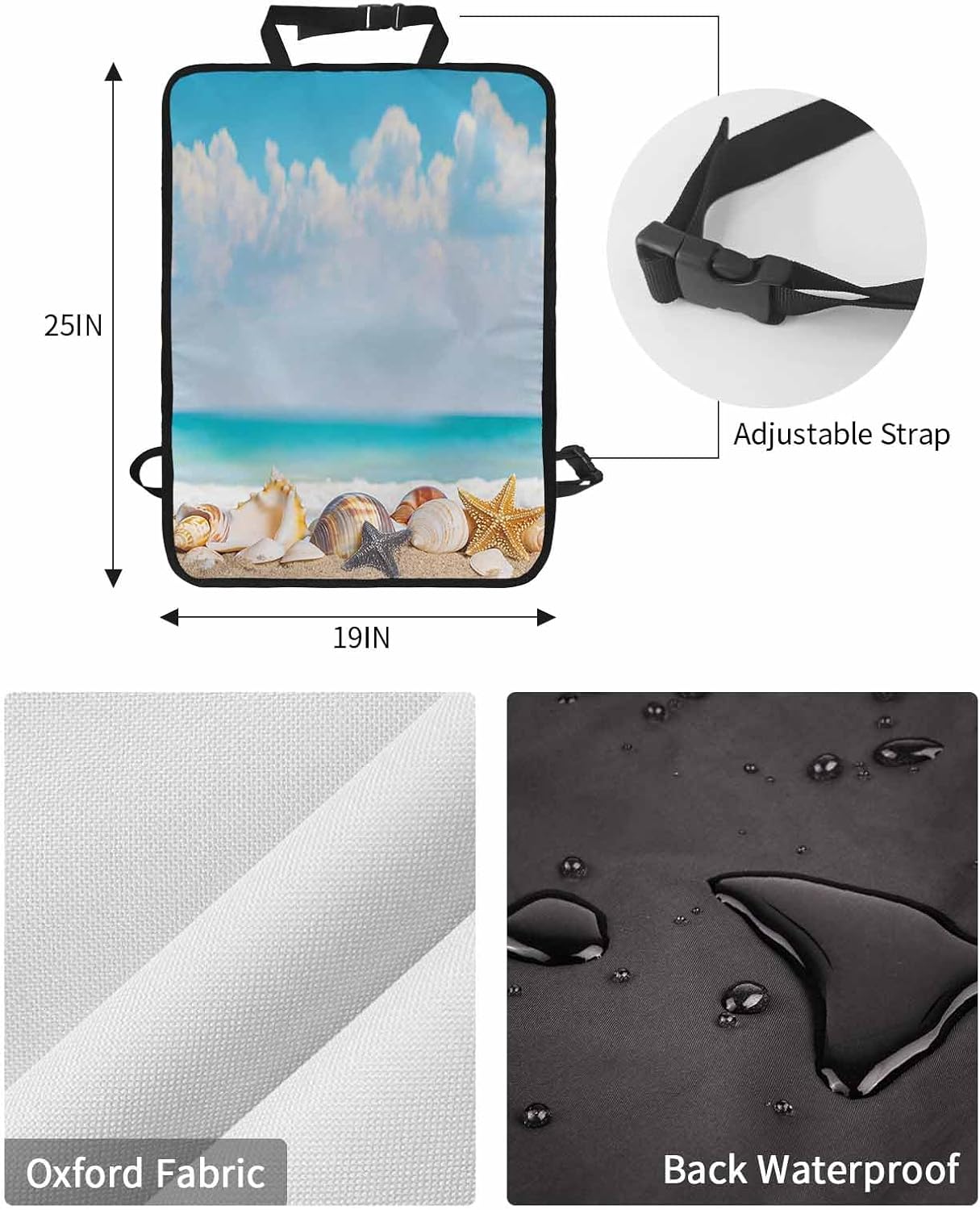 Car Seat Protector, 2 Pack Kick Mats Back Seat Protector Rustic Vintage Summer Seaside Beach Shell Starfish Cloud Blue Sky Waterproof Backseat Cover for Universal Fit Automotive Interior Protectors