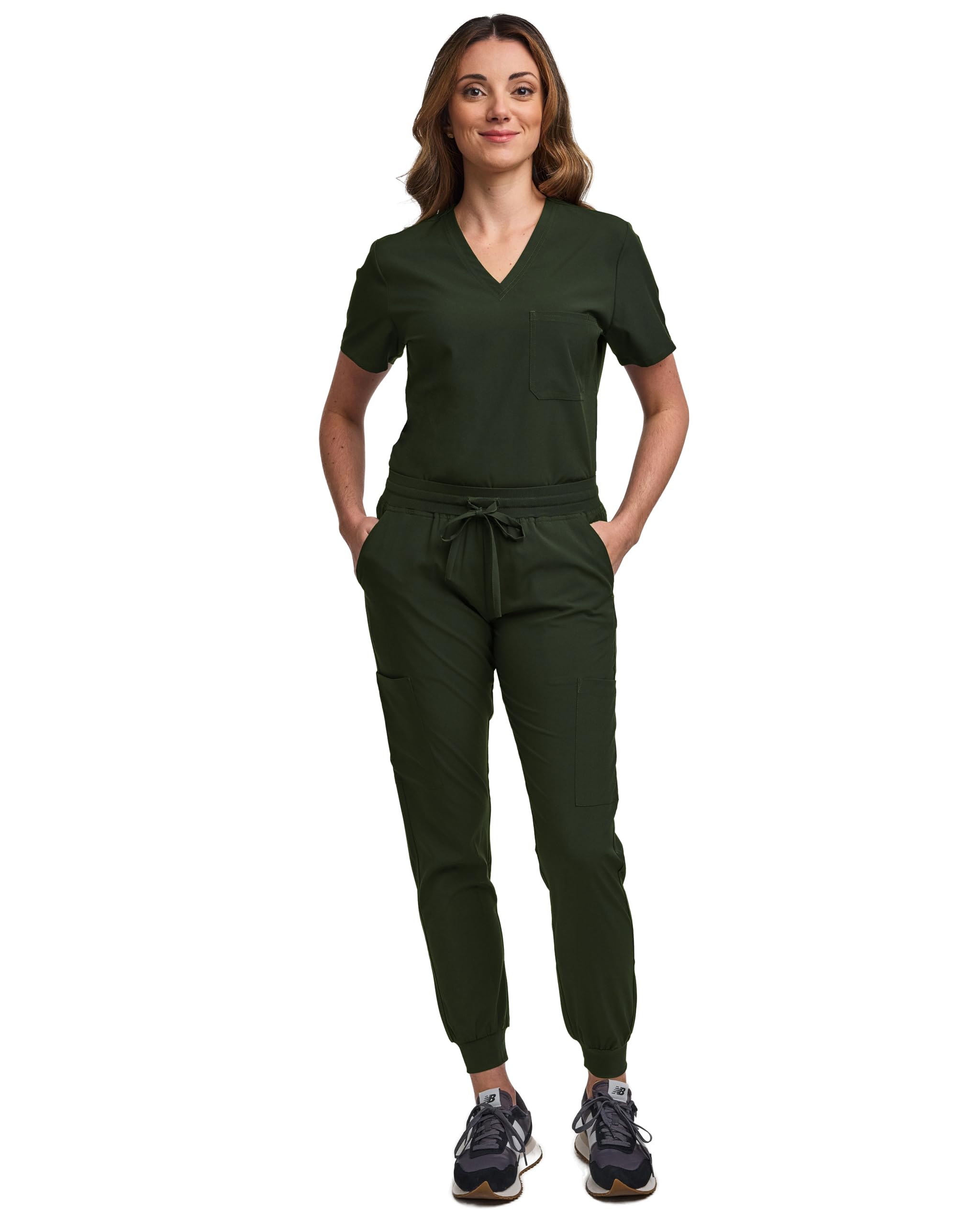 Green Town Scrubs for Women Scrub Set - Jogger Pant and Tuck-In V-Neck Top, 5 Pockets, Yoga Waistband, Nursing Uniform-True Olive-Medium