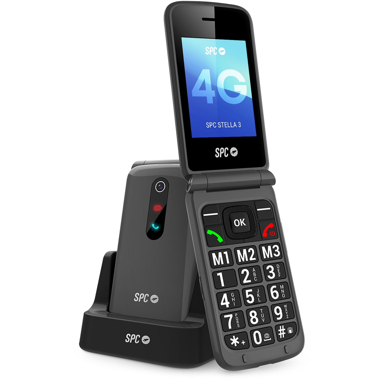 SPC Stella 3 - 4G Seniorenhandy mit Klappcover | Menü und große Tasten | Notruftaste, Remote-Konfiguration, hörgerätekompatibel und 103dB Lautstärke | Ladestation und 3 Direktspeicher - Schwarz
