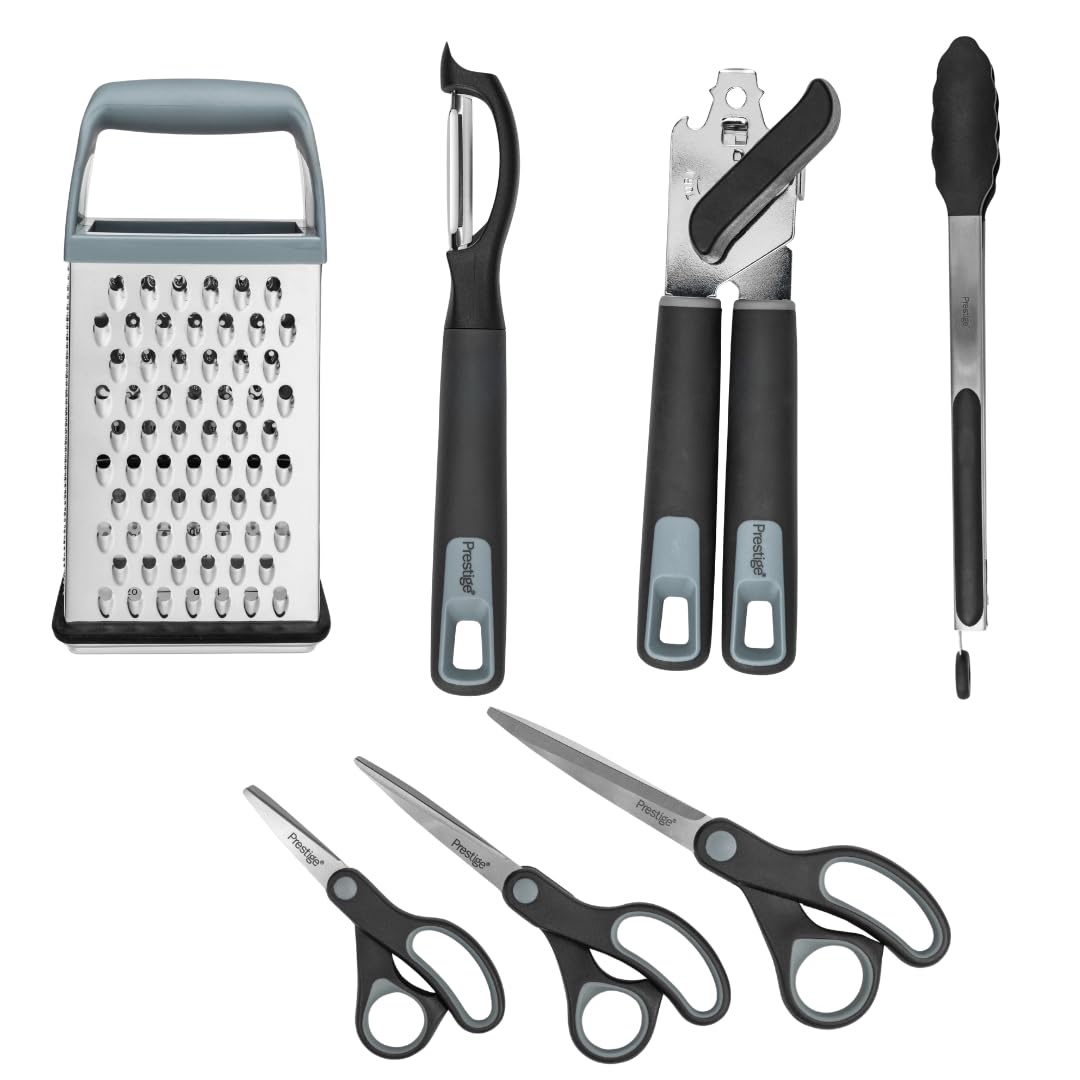 Prestige Lot de 5 ustensiles de Cuisine avec éplucheur, ouvre-boîte, Pince, Ciseaux et râpe - en Acier Inoxydable - Passe au Lave-Vaisselle