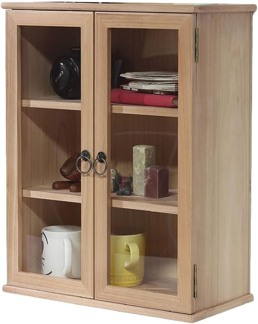 3 Tiers Countertop Storage Cabinet, Solid Wood Display Teacup Holder Mug Box Bookcase Small Kitchen Pantry