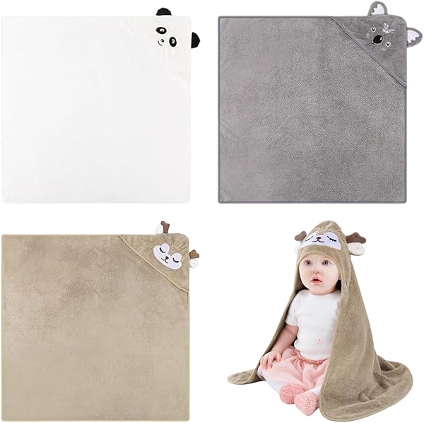 DGN 3 Pièces Serviette De Bain Bébé, 80 x 80cm Sortie de Bain Bébé Super Absorbante, Serviettes pour Enfants en Bas âge avec Trois Motifs, Baby Hooded Towel, Sortie de Bain Bebe (Blanc, Gris, Café) - 1