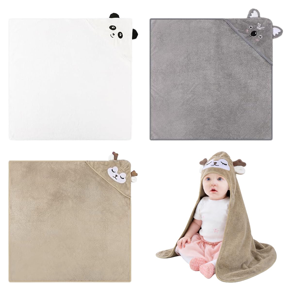 DGN 3 Pièces Serviette De Bain Bébé, 80 x 80cm Sortie de Bain Bébé Super Absorbante, Serviettes pour Enfants en Bas âge avec Trois Motifs, Baby Hooded Towel, Sortie de Bain Bebe (Blanc, Gris, Café)