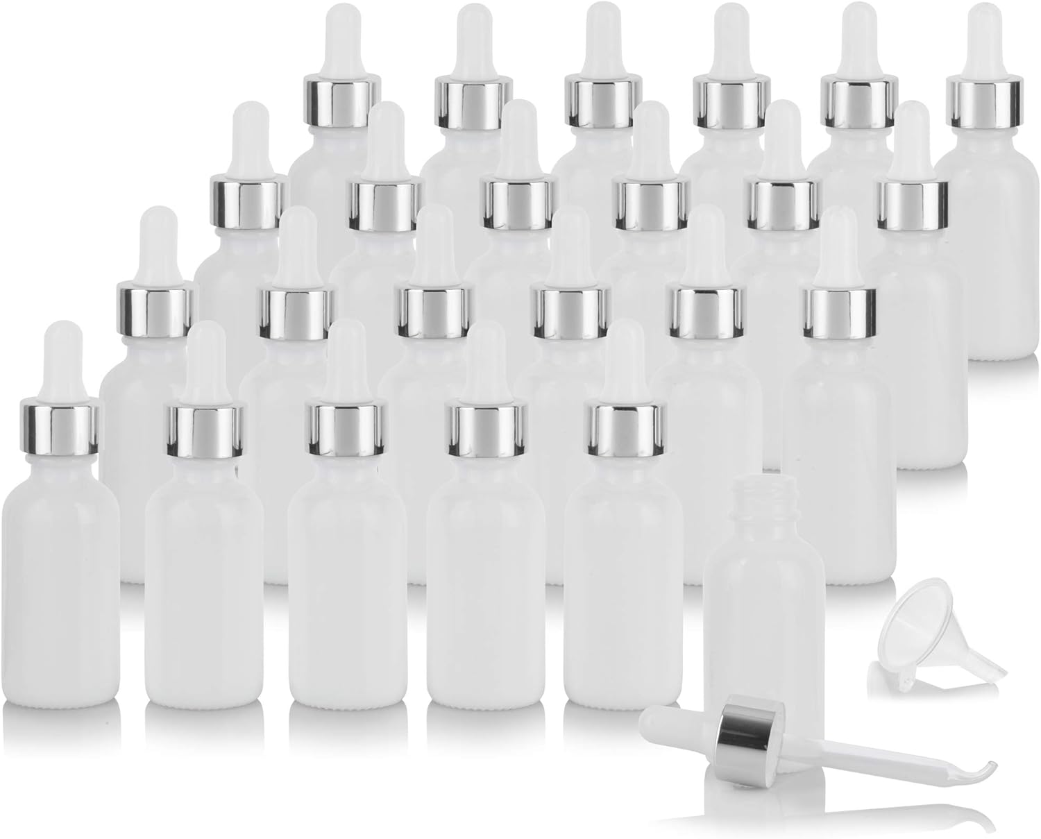 JUVITUS 1 oz Opal White Boston Round Bottle with Silver Metal and Glass Dropper (24 pack) + Funnel