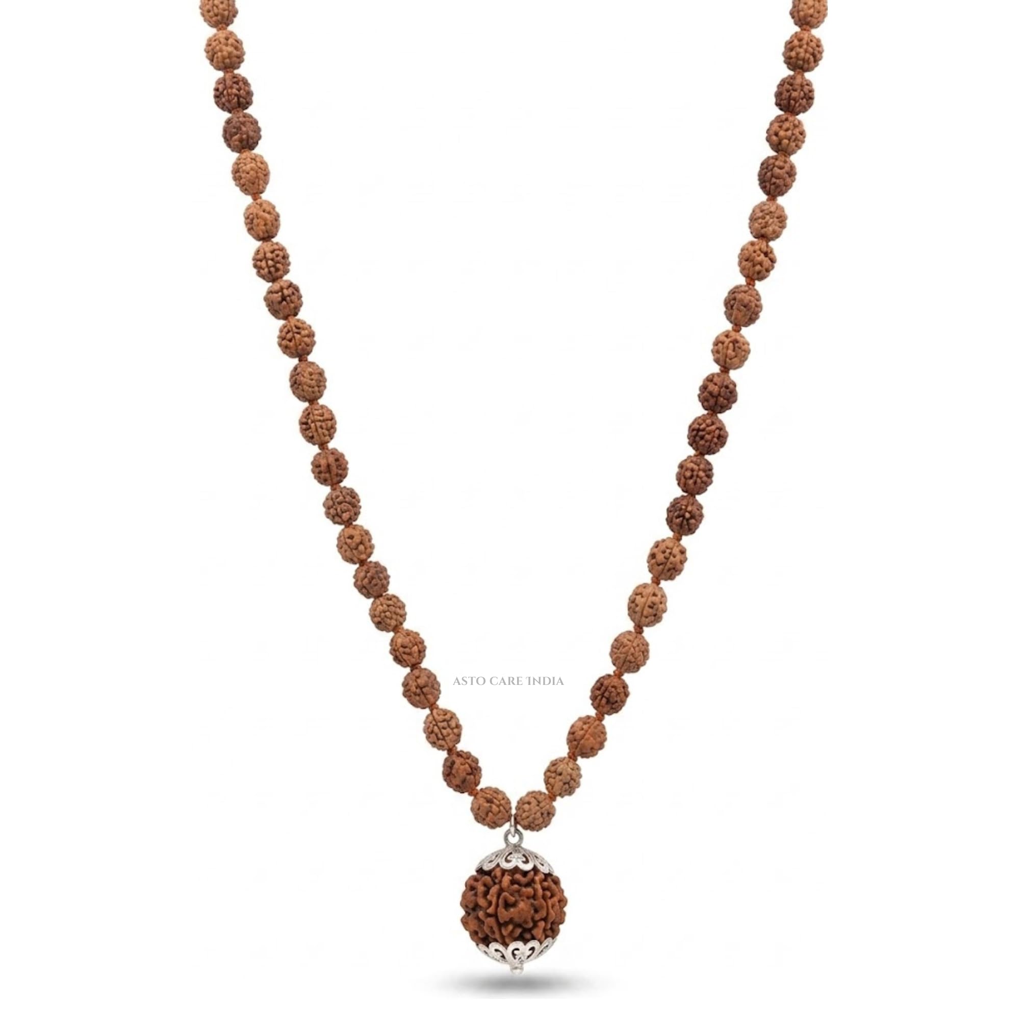 5 Mukhi Rudraksha Mala With 7 Mukhi Rudraksha Nepali Bead Pendant, Brown, Wood, Round, with Silver Cap and Red Thread-image-17
