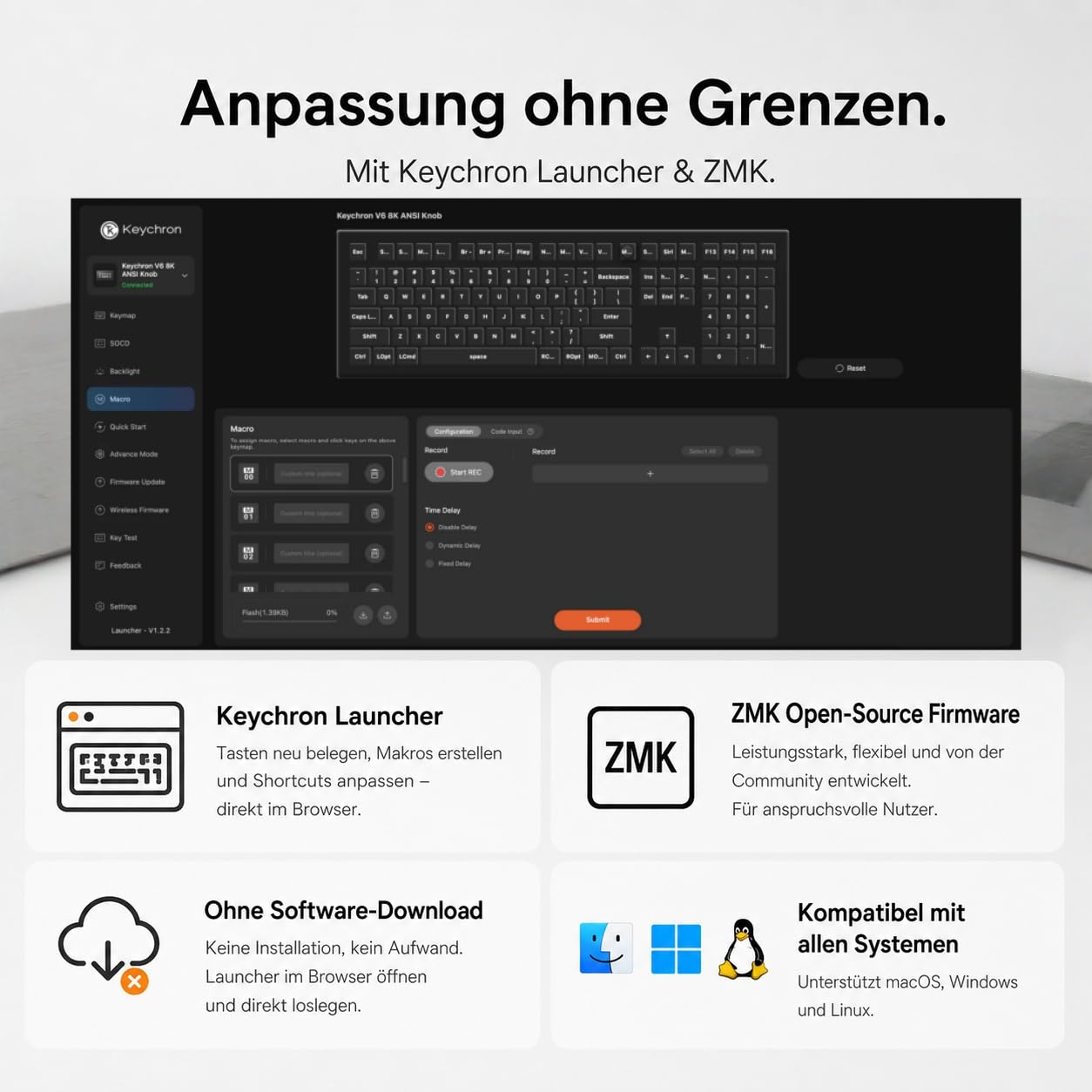 Keychron V6 Ultra 8K Kabellose Mechanische Tastatur, 100% Full-Size DE-ISO Layout, Custom Keyboard mit 2.4 GHz/Bluetooth 5.3/Kabel, 8000 Hz Polling, ZMK, Hot-Swap, PBT Keycaps, RGB, Mac/Windows