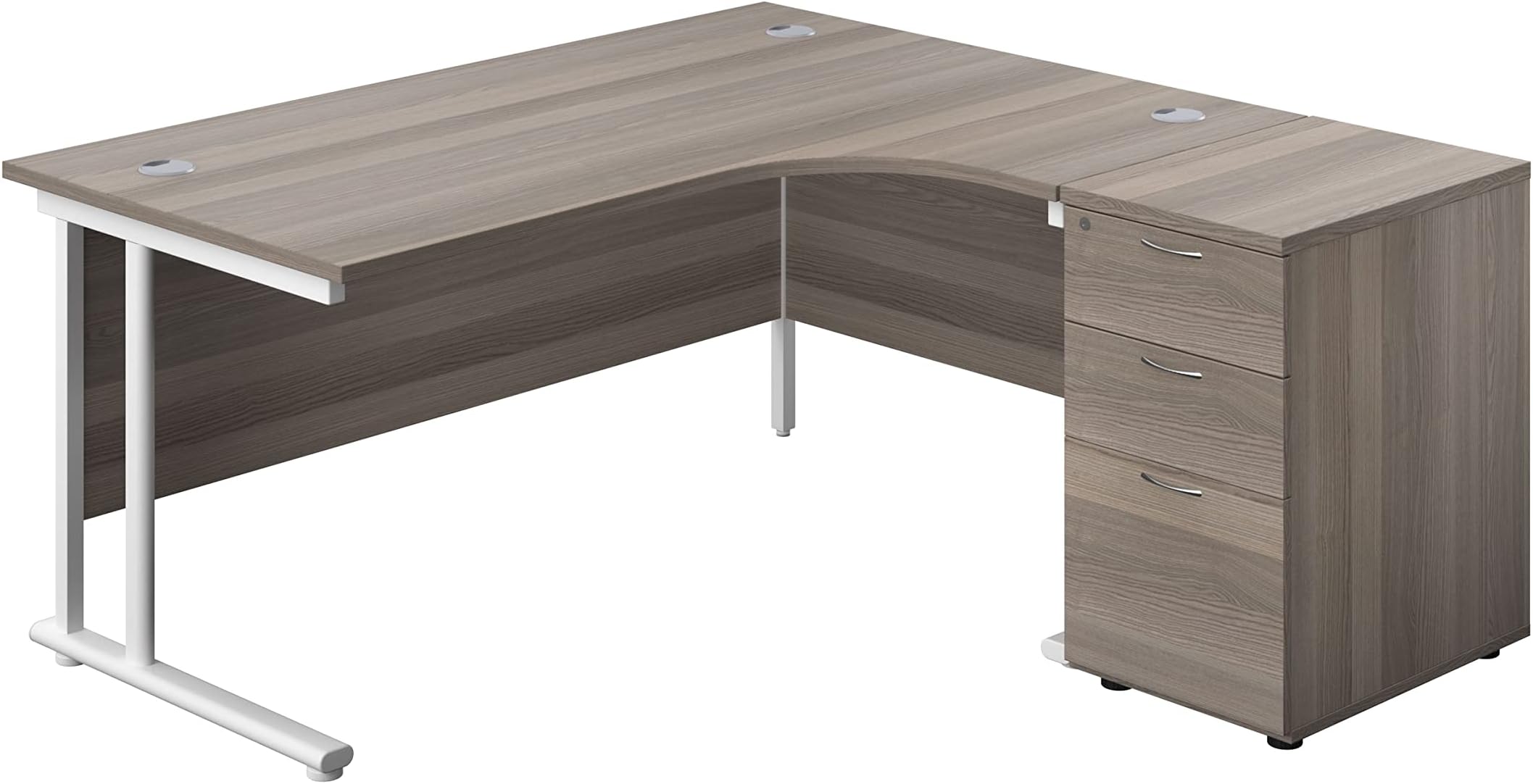 Office Hippo Heavy Duty Right Corner Radial Desk With 3 Drawer High Storage, Home Office or PC Desk, 5 Yr Wty, MFC - Grey Oak, White Frame, 160cm x 160.4cm