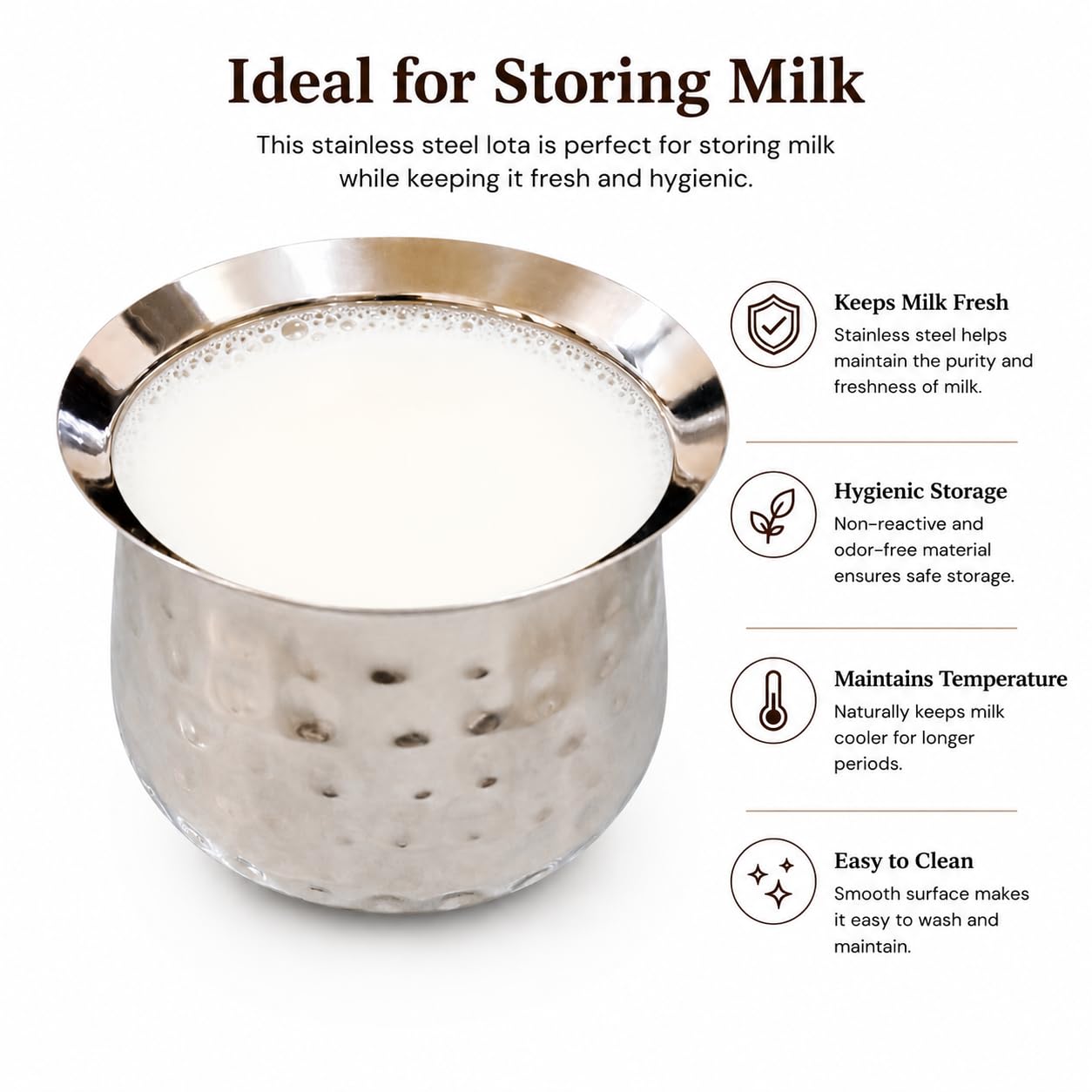 GAFFEL 1Pc Stainless Steel Handi 11cm / Small Lota/Madrasi Handi Small/Chetty/Pot for Storing Water,Milk,Tea,Ghee,Yoghurt(Hammer-Mirror Finish, 500ml) 3