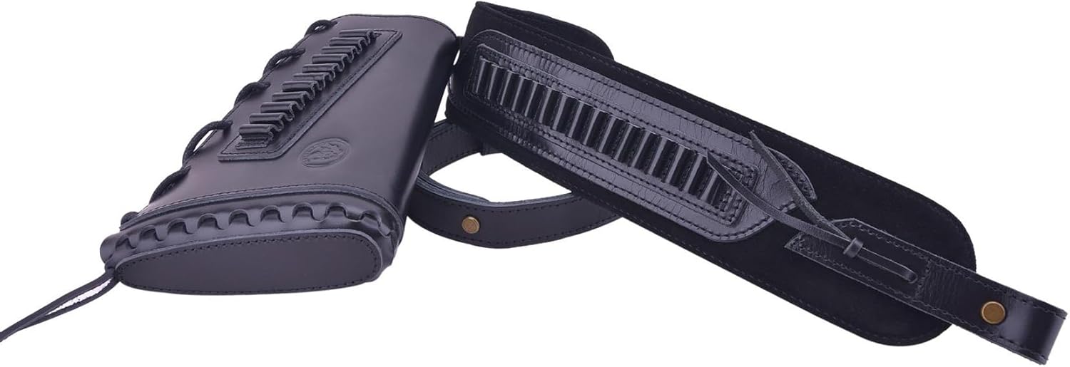 Leather Gun Buttstock Cheek Rest Pad with Matched Sling Ammo Holder for .30-30 .357 .38 .45-70 Cartridge