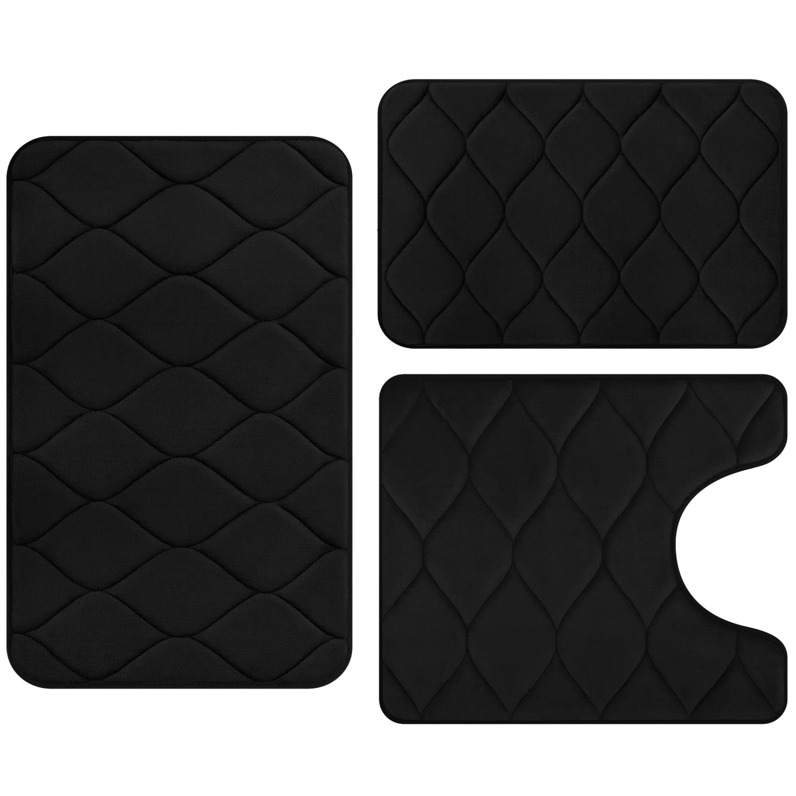 ColorxyMemory Foam Bathroom Rugs - Water Absorbent, Super Soft Non-Slip Bath Mat, Washable Ogee Design Bathroom Mat Set of 3, Small/Large/Contour, Black