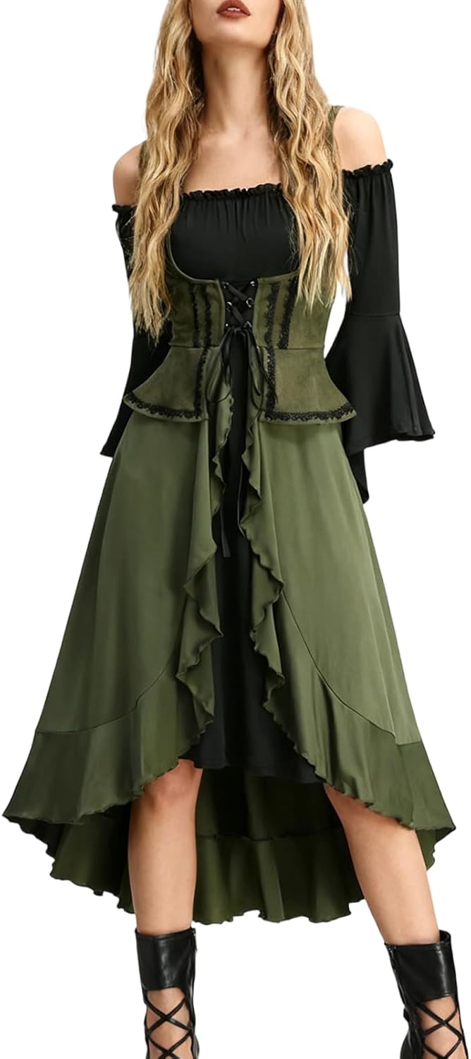 Renaissance Costume Women Bell Sleeve Cold Shoulder Lace up Ruffle Medieval Corset Dress Halloween Costumes
