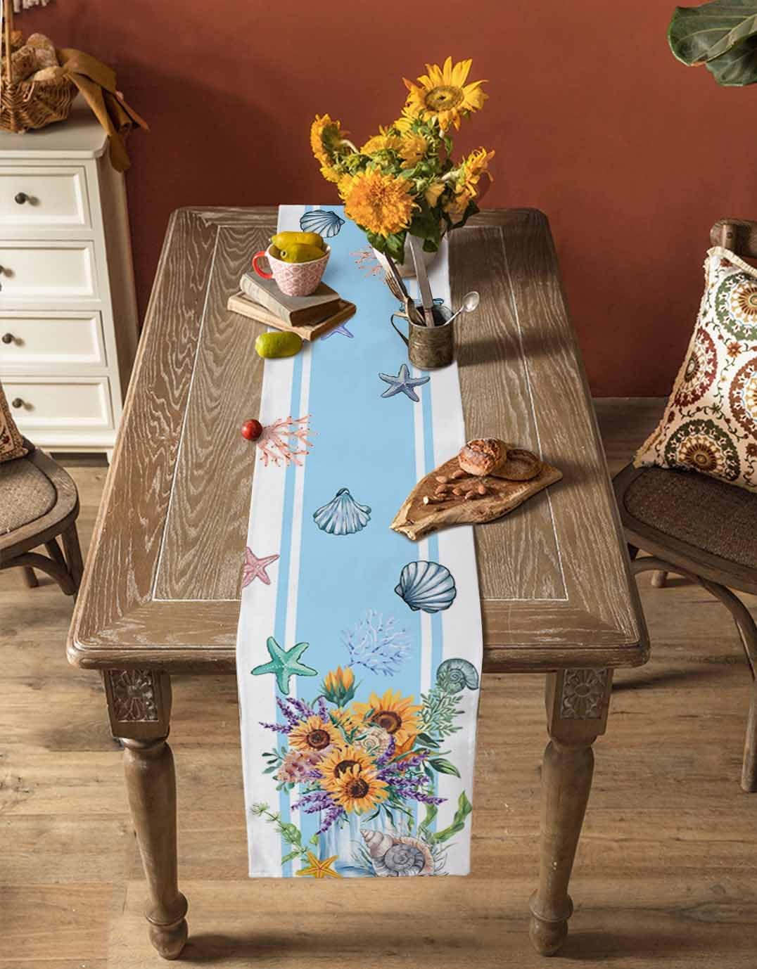 Ocean Table Runners 72 Inches Long Sunflower Coral Shell Starfish Table Runner for Family Dinner/Wedding/Outdoor Indoor Party, Cotton-Polyester Blend Dresser Scarf Table Decorations