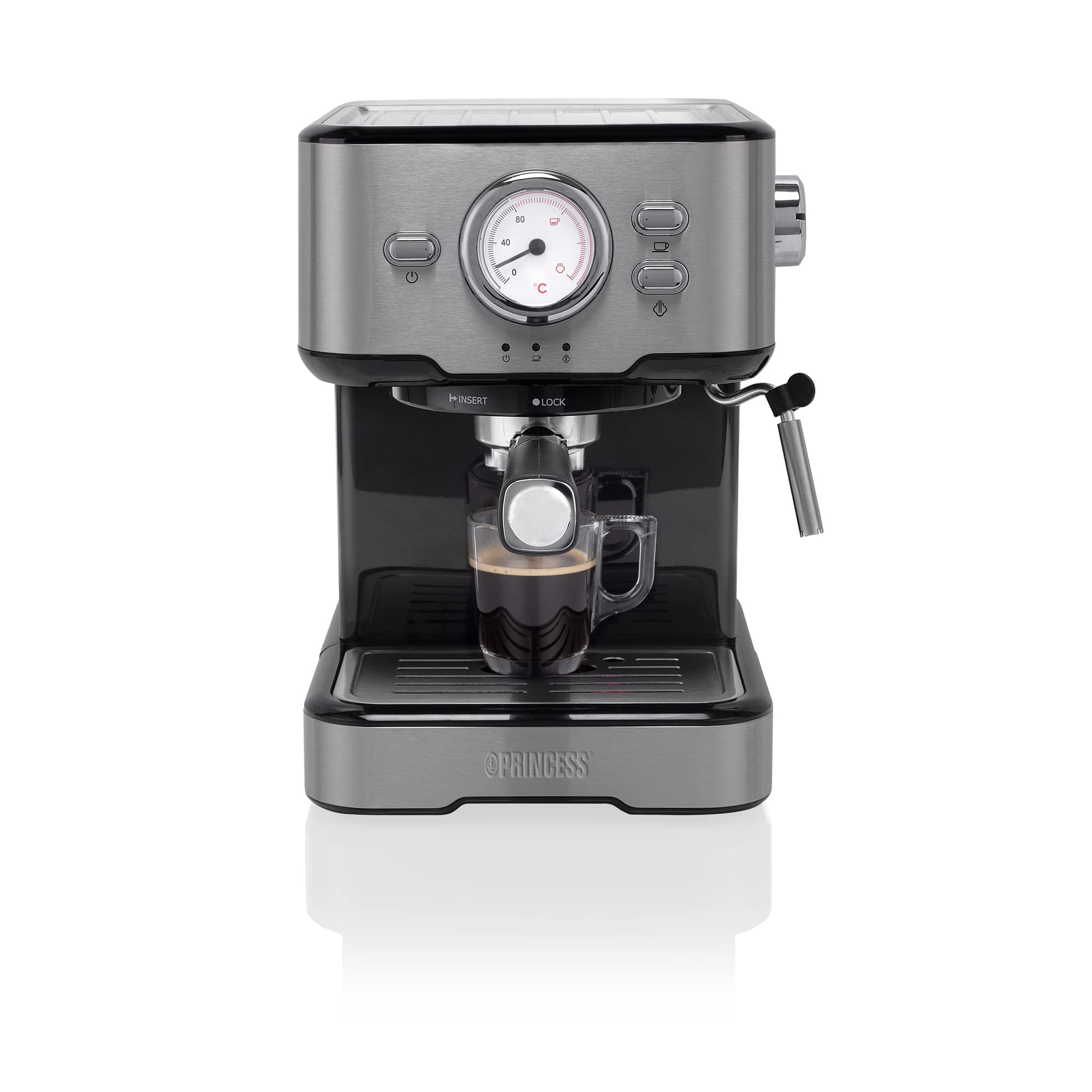 Princess 249412 Máquina de café para Espresso, Compatible con cápsulas Nespresso y café molido, 1 o 2 tazas, 20 bares de presión, Depósito extraíble de 1.5L, con espumador de leche, 1100 W