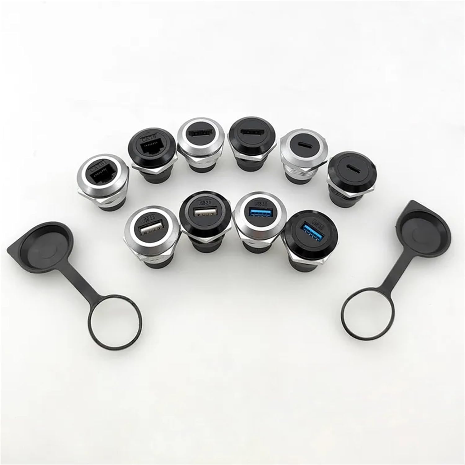 1Pcs Metal Round Socket Modules D Type RJ45 Straight Through Network USB2.0 Connector Panel Mounting(CAT6 Silver)