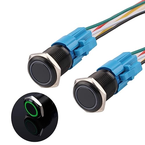 JIQI Interruptor de botón con cierre de 0.630 in, anillo 3A, LED, 12V-24V, interruptor de botón de metal negro, carcasa de aluminio autobloqueante